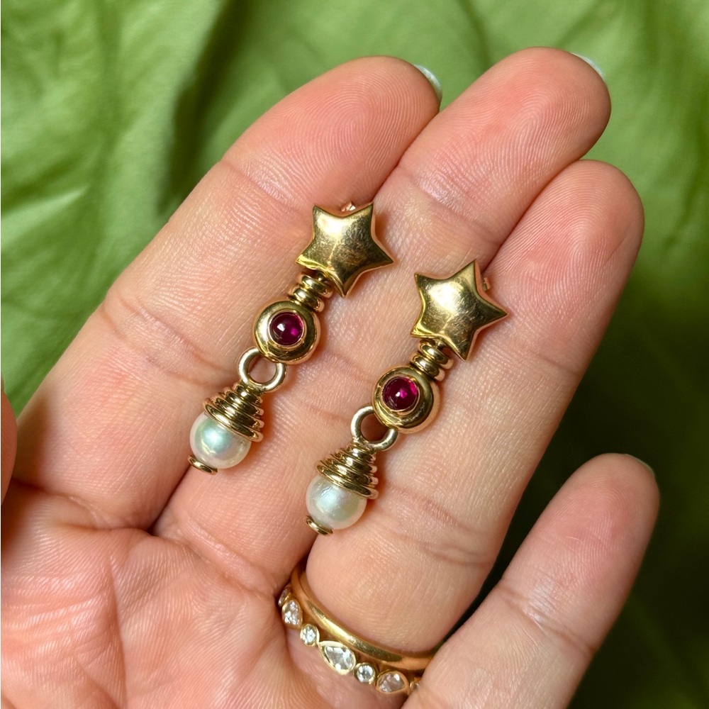 14k Yellow Gold and Ruby Star Pearl Drop Earrings